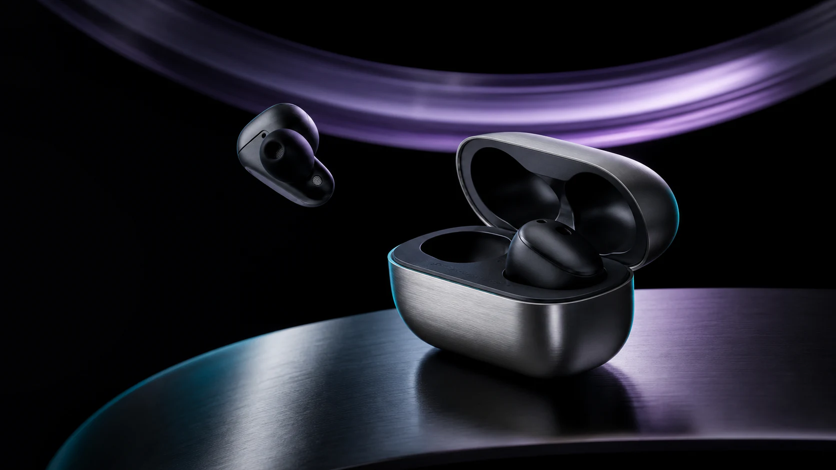 Wireless earbuds in a cinematic product visualization
