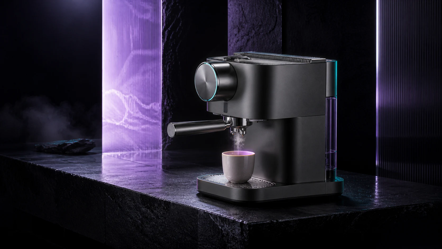 Espresso machine lit in a dark architectural set