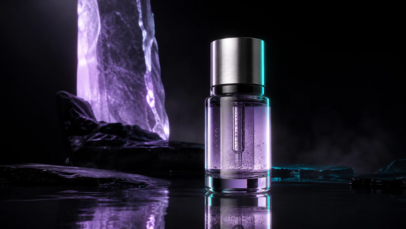 Skincare bottle rendered in a lilac and cyan environment
