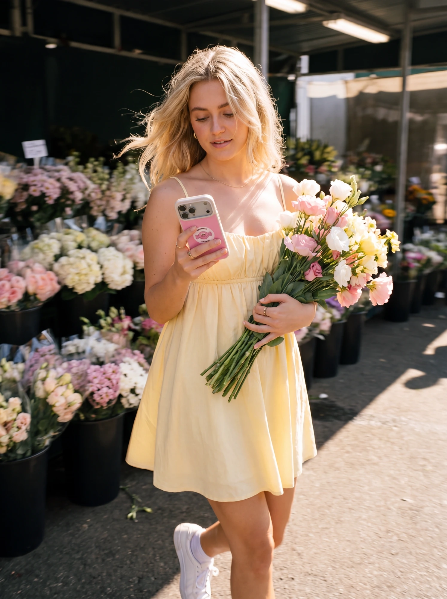 Woman in a yellow dress at a flower market holding a bouquet and a pink Casely-style phone case