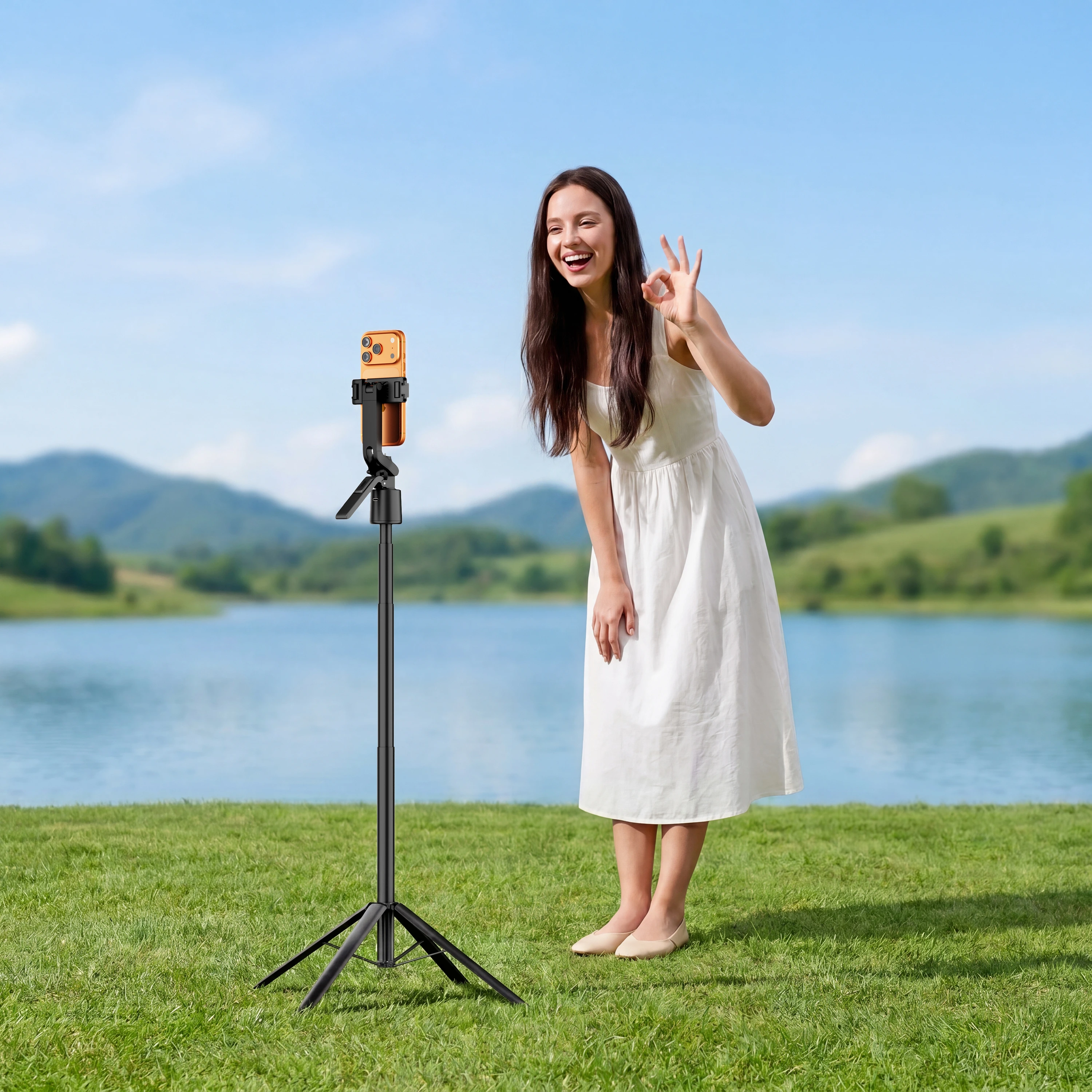 Woman in a white dress giving an OK sign next to a phone-mounted extendable tripod at a lake with distant hills