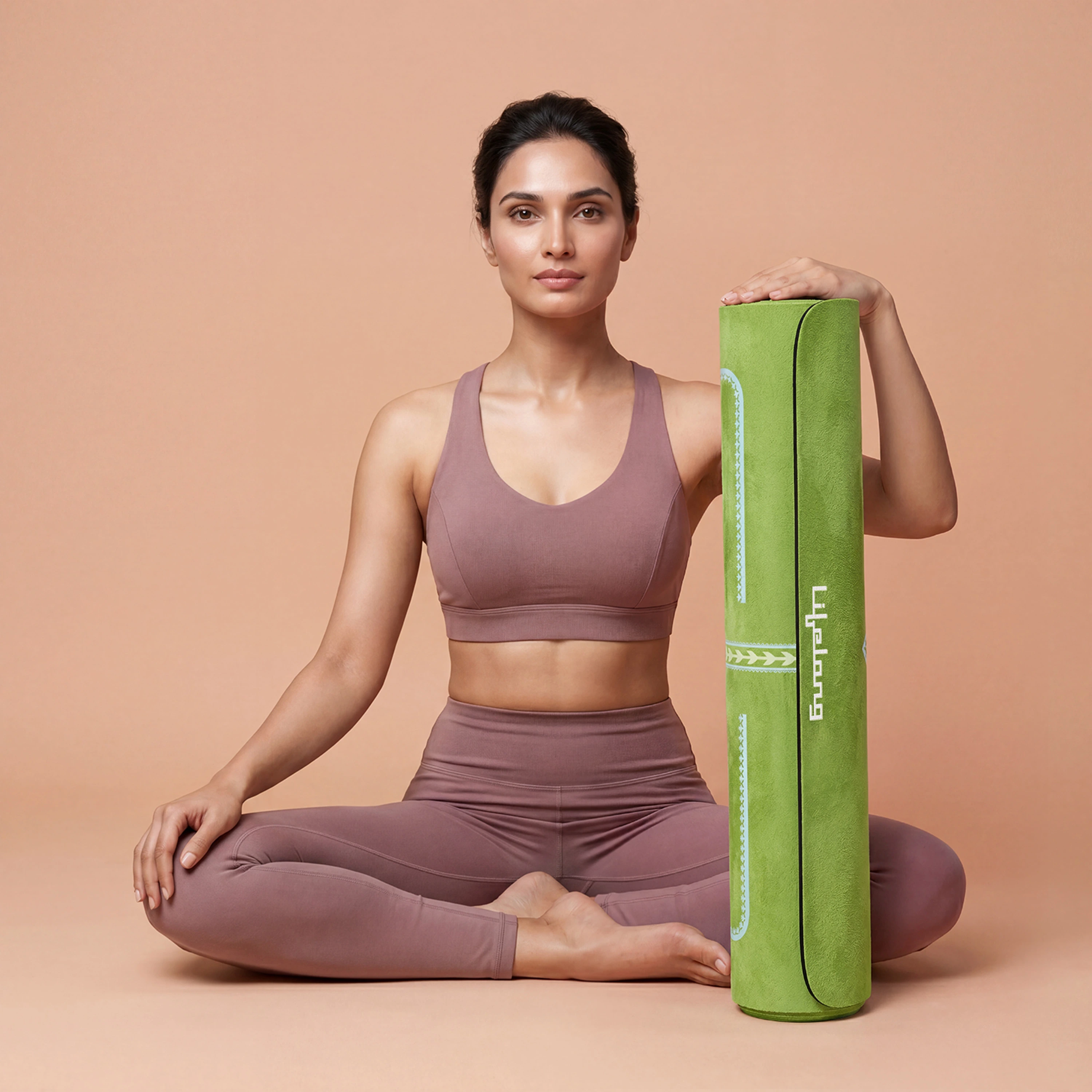 Model with a rolled Lifelong yoga mat on a peach studio backdrop