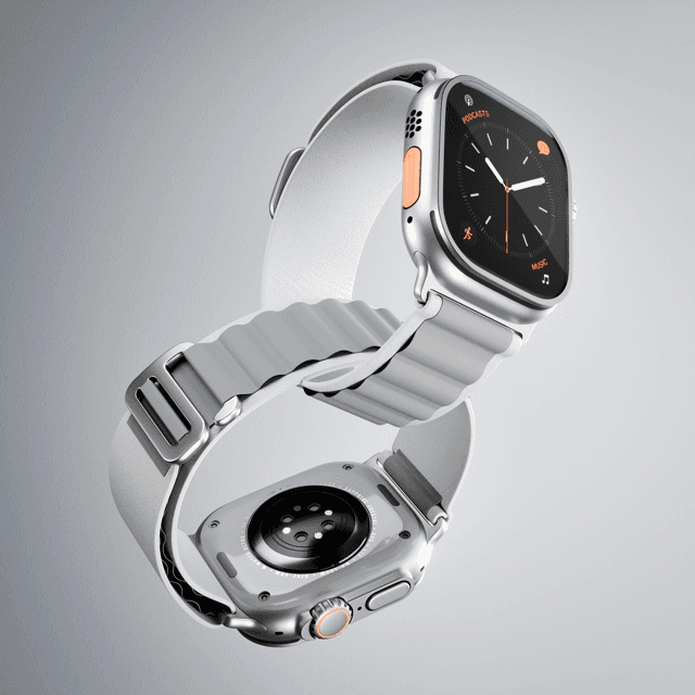 Two smartwatches with white bands rendered mid-air on soft light