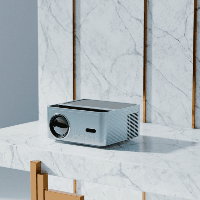 White home projector on a marble shelf inside an interior scene