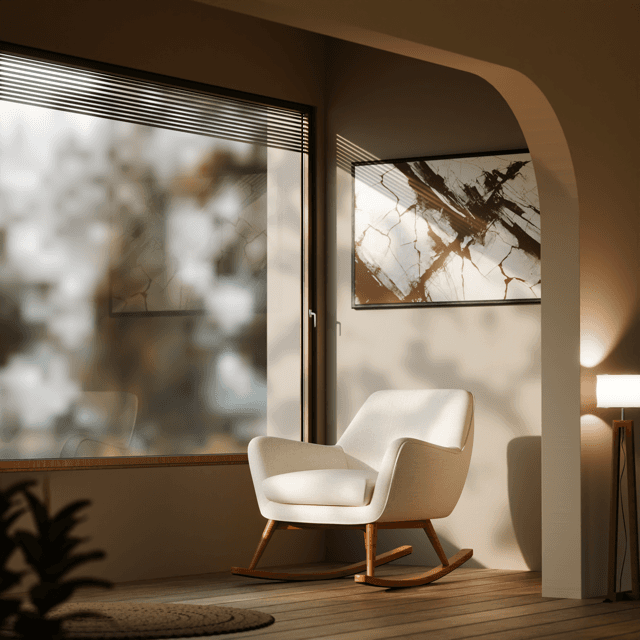 Cream rocking chair inside a warm-lit living-room CGI scene