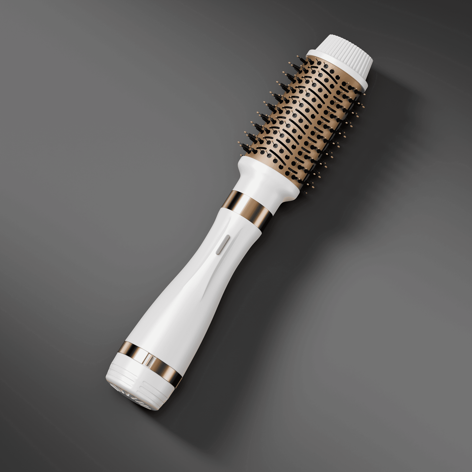 White and rose gold hot air styling brush against a dark gradient
