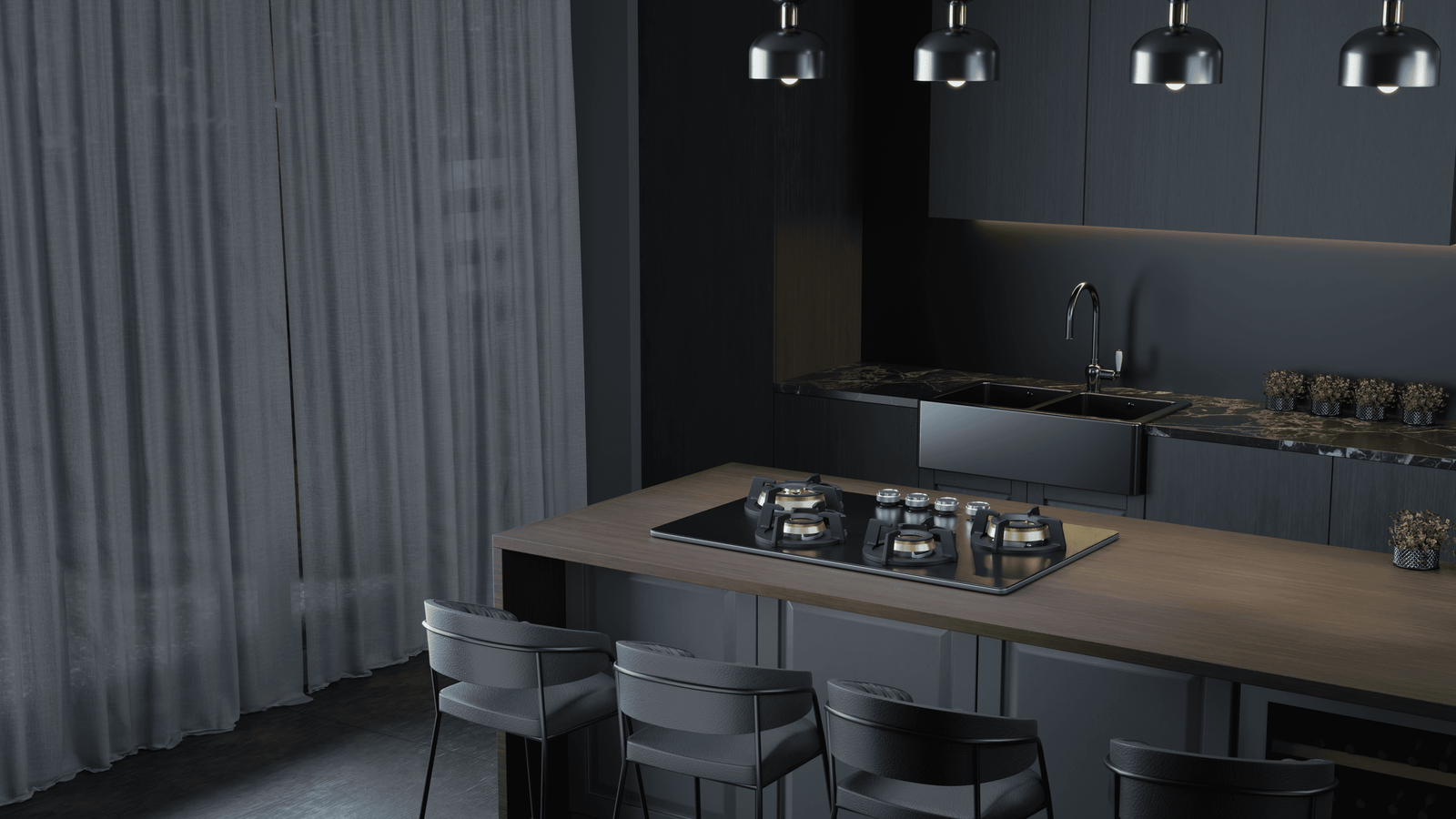 Dark modern kitchen scene with a black glass gas cooktop