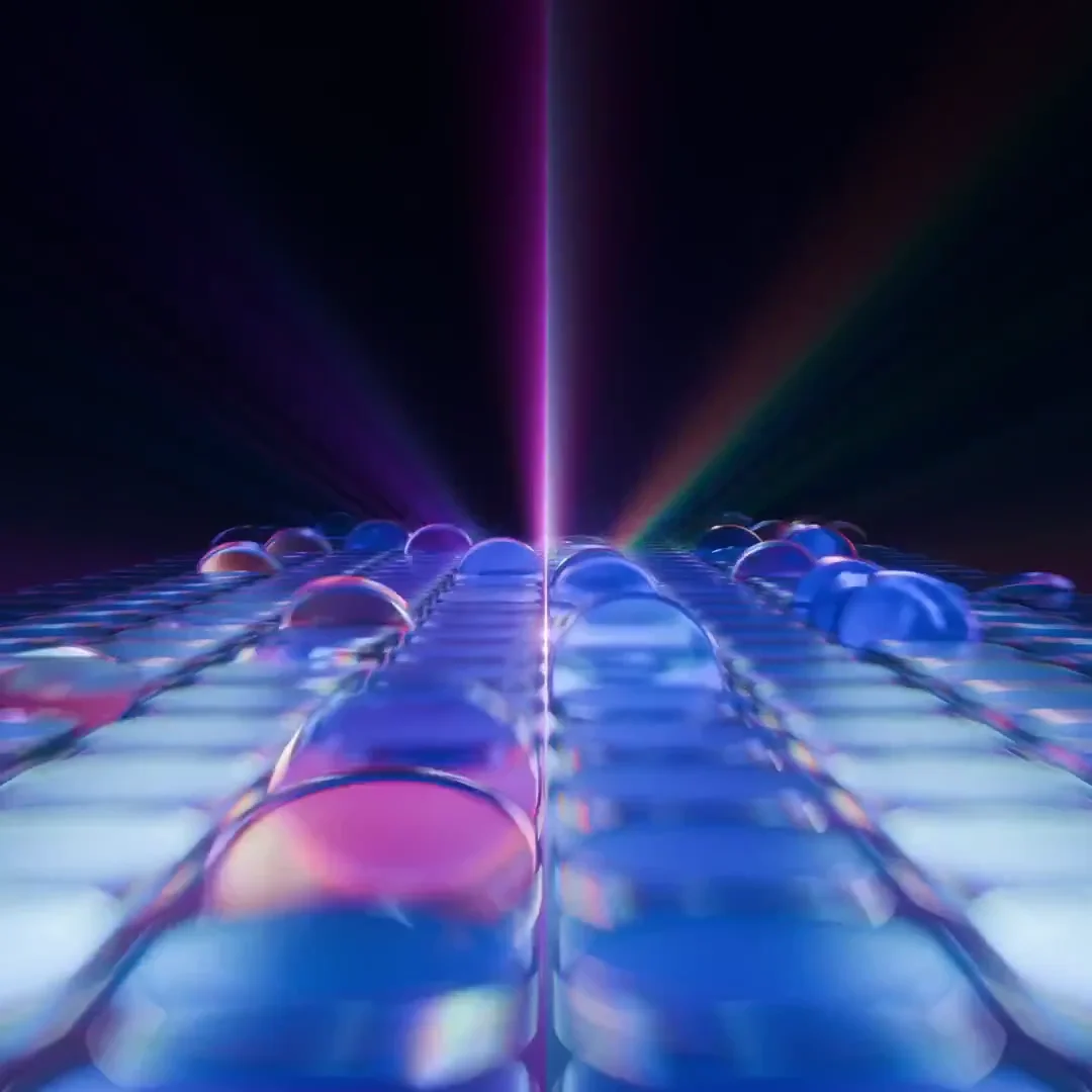 Iridescent crystal shapes floating in a dark cinematic scene