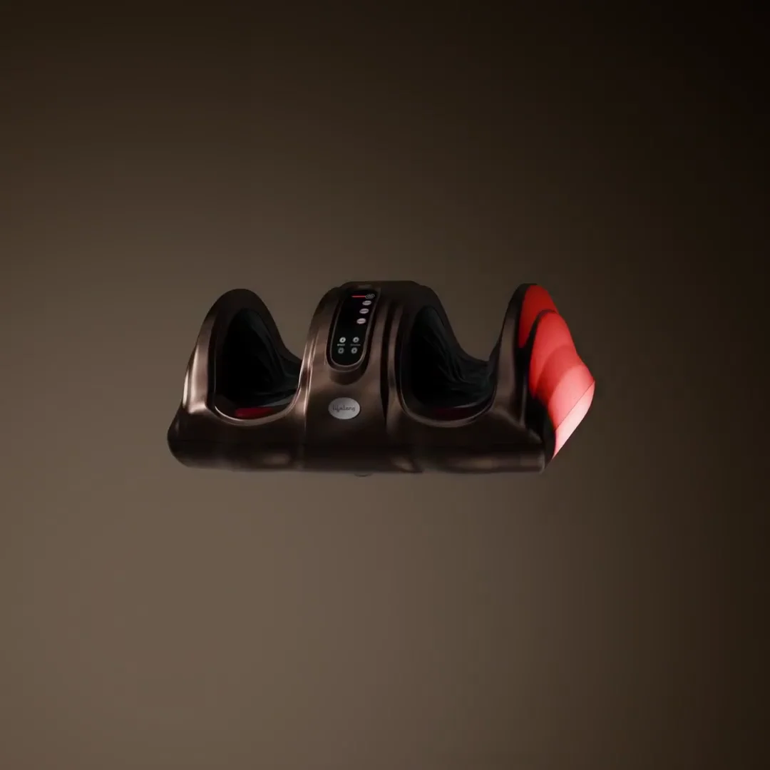 Lifelong foot and calf massager animated on a dark warm-lit stage